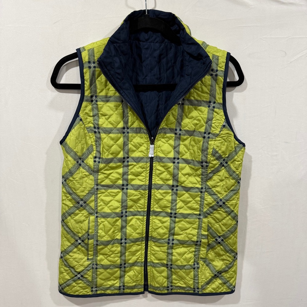 Belle by Kim Gravel Womens Reversible Quilted Vest Lime Green Navy Plaid XXS
